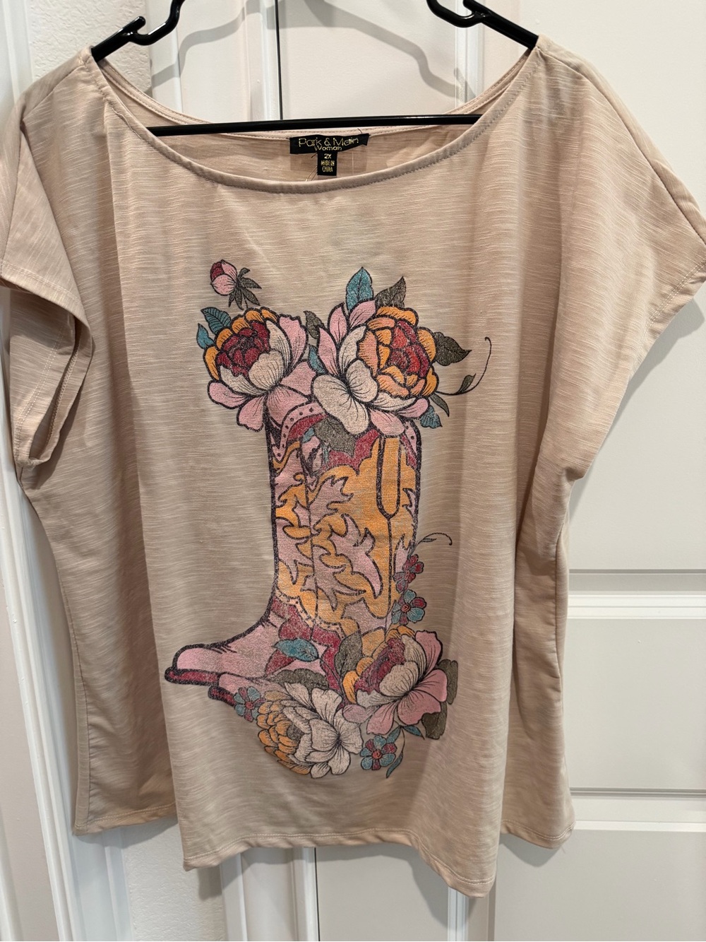 Beige Short-Sleeve Tee with Floral Boot Graphic